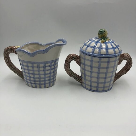 Vintage 1994 Omnibus China Sugar and Creamer Set Checkered Fruit Theme - Picture 4 of 15